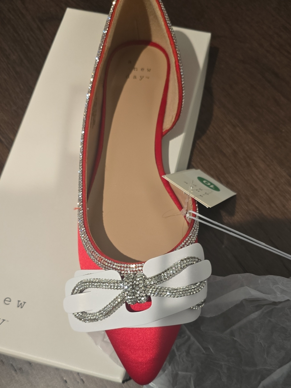 a new day Red Satin Pointed Toe Flat with Crystal Bow Accent